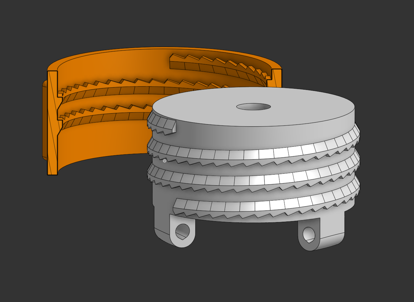 Sectioned view of the stepped thread mechanism